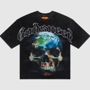 Front view of Sklobe Tee with skyline graphic